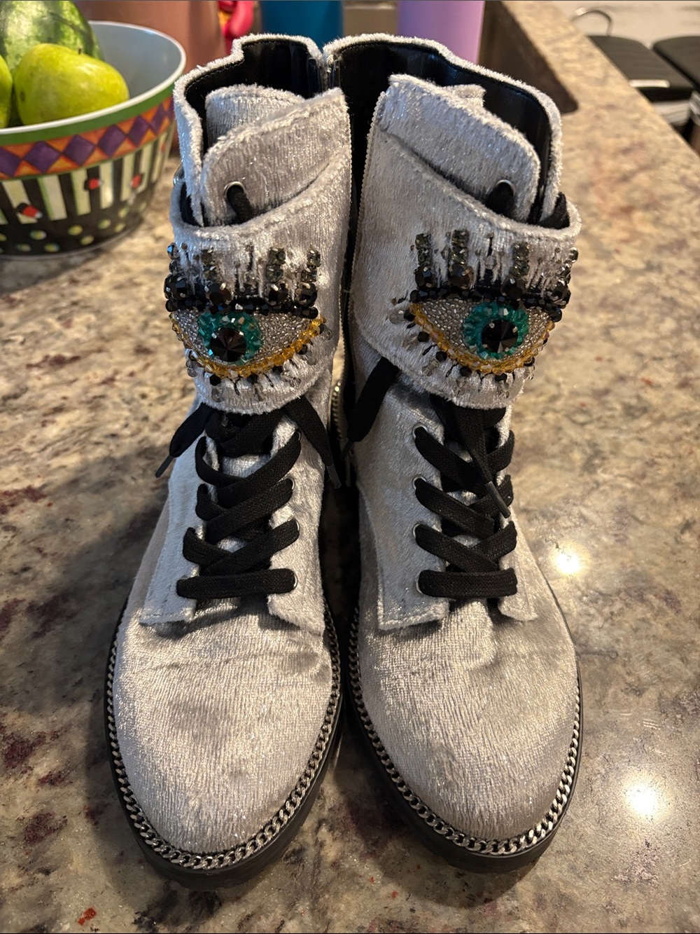 Kurt Geiger Silver Velvet Combat Boots with Green Beaded Eye Detail